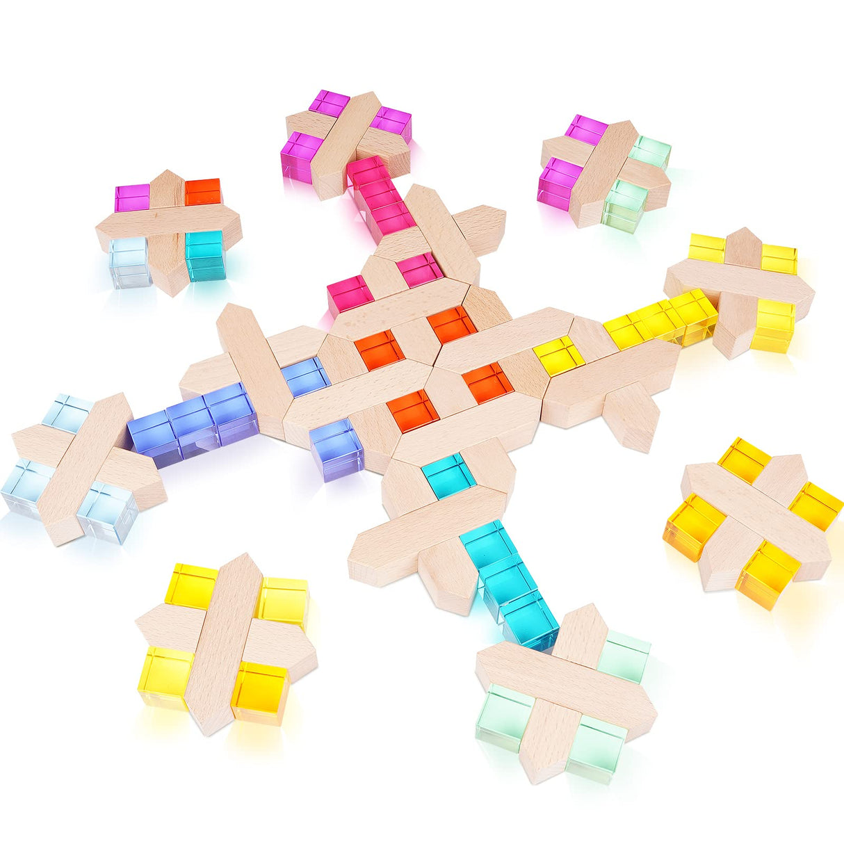 Agirlgle Wooden Rainbow Building Blocks Cube Gem Stacking Blocks Toy - Colorful Montessori Rainbow Stacker Toy Elegant Wood Rainbow Cube Blocks- Acrylic Blocks Educational Toys for Toddlers- 80Pcs Agirlgle