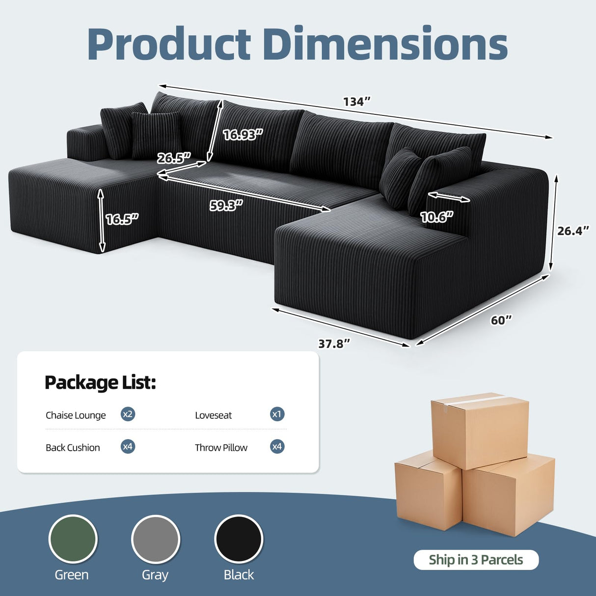 Mvpipi Cloud Couch U-Shaped Sectional Sofa, 134'' Modular Boneless Couches for Living Room, Corduroy Deep Seat Sofa with 2 Chaise Lounges and 1 Loveseat, 30D High-Resilience Foam, No Assembly, Black Mvpipi