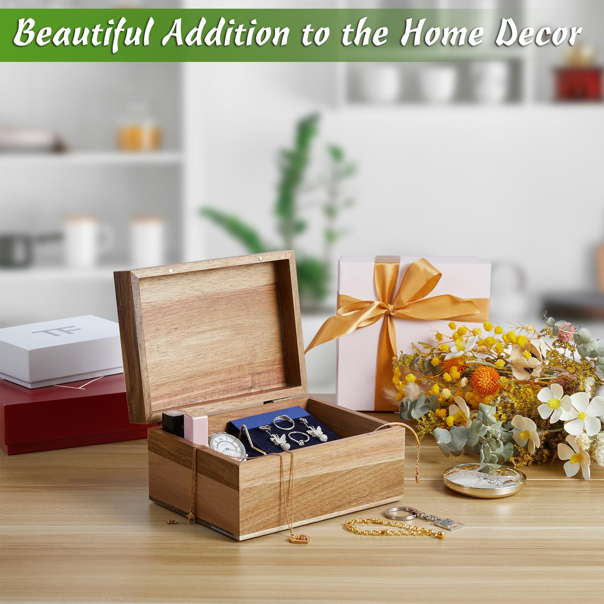 DRASTAR Keepsake Box, Acacia Wood Memory Box with Hinged Lids, Wooden Jewelry Box, Small Storage Box, Bridal Shower Gifts Box,3x5, 4x6 Card Box, Decorative Box DRASTAR