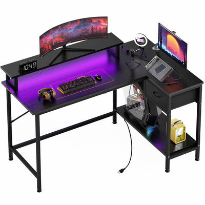 Fixwal L Shaped Gaming Desk with Power Outlets and LED Lights, 43 Inch Computer Desk with Charging Port, Small Corner Desk Table with Drawer and Shelf, Home Office Desk with Monitor Stand, Black
