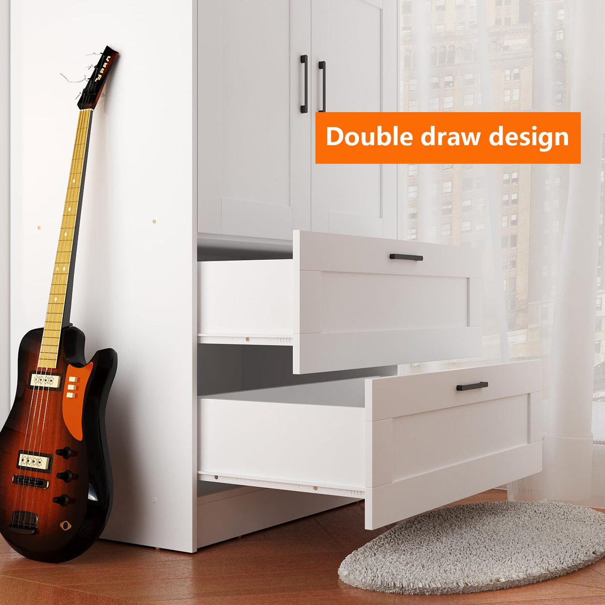 3 Doors Wooden Wardrobe Closet Armoire, White Storage Cabinet for Hanging Clothes, Bedroom Large Capacity Freestanding Armoire,Wood Wardrobe Combination with Shelves (2drawer, White) Fenghua Lizhi