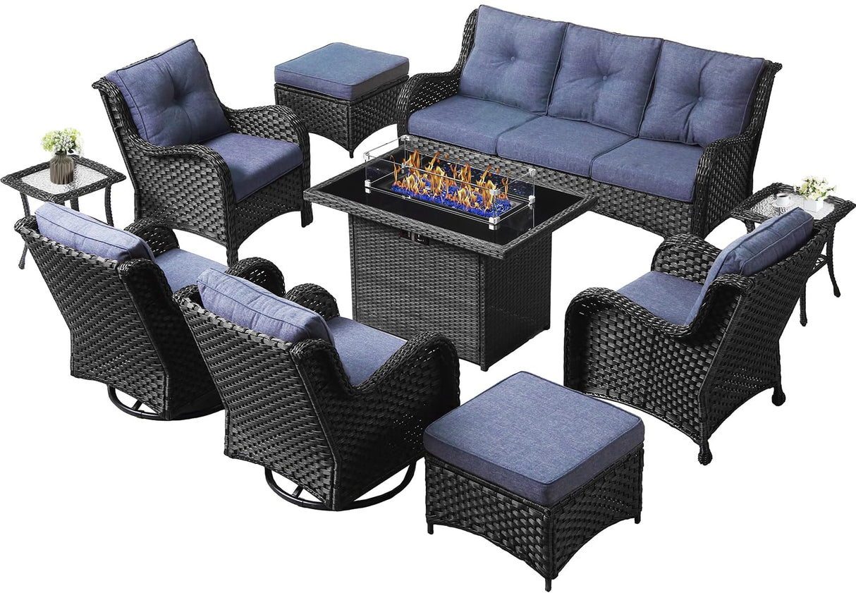 LayinSun 10 Pieces Outdoor Patio Furniture Set with Fire Pit Table, Rattan Wicker Sectional Swivel Rocker Chairs Sets with Ottomans, Swivel Glider Chairs, Single Chairs and Coffee Table LayinSun