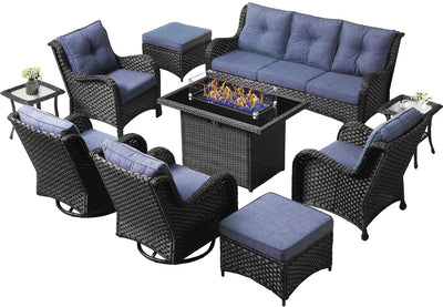 LayinSun 10 Pieces Outdoor Patio Furniture Set with Fire Pit Table, Rattan Wicker Sectional Swivel Rocker Chairs Sets with Ottomans, Swivel Glider Chairs, Single Chairs and Coffee Table