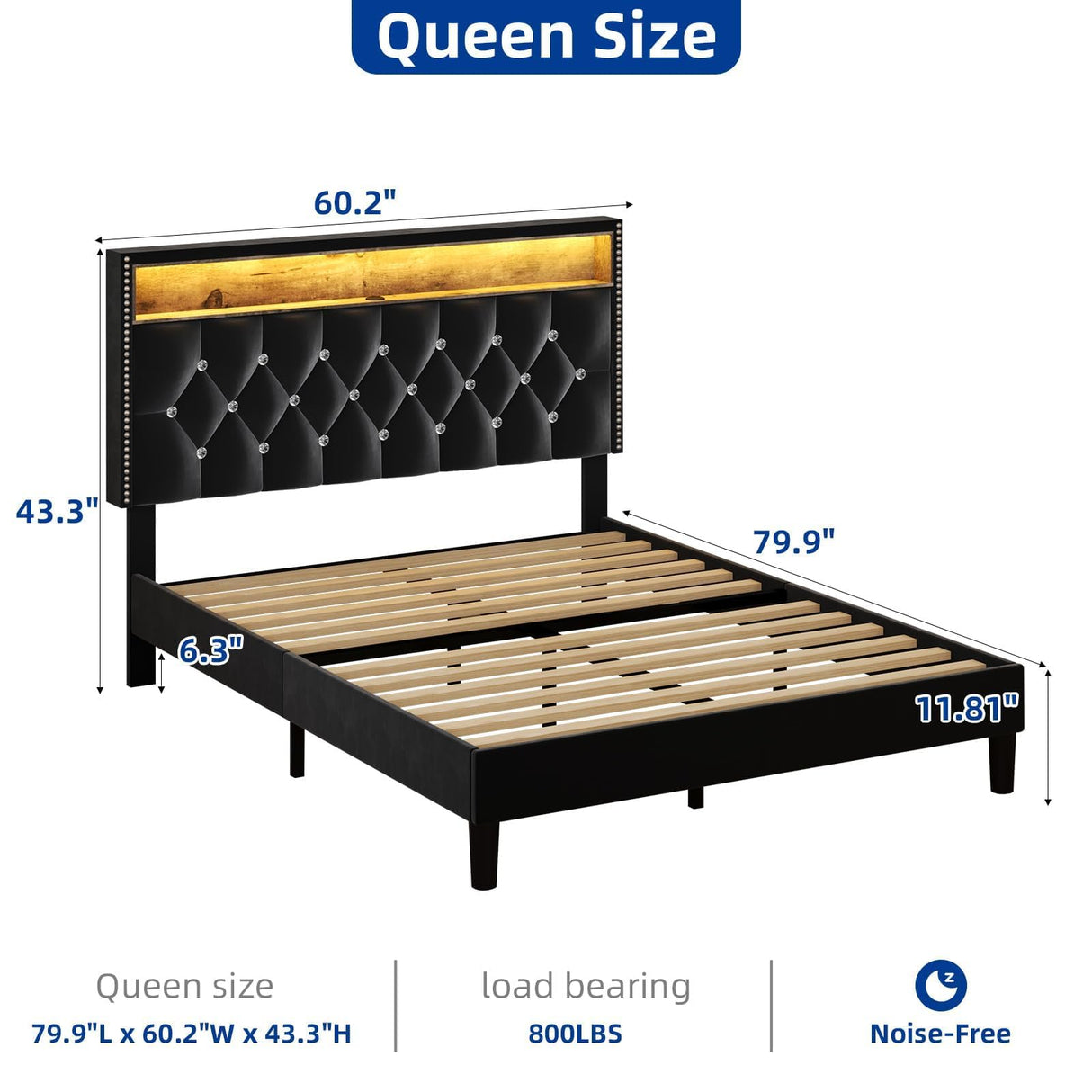Queen Size Bed Frame with LED Lights and Headboard, Velvet Upholstered Bed Frames Queen with Charging Station and Storage, Modern Diamond and Rivet Design, No Box Spring Needed, Easy Assembly, Black HOMBCK