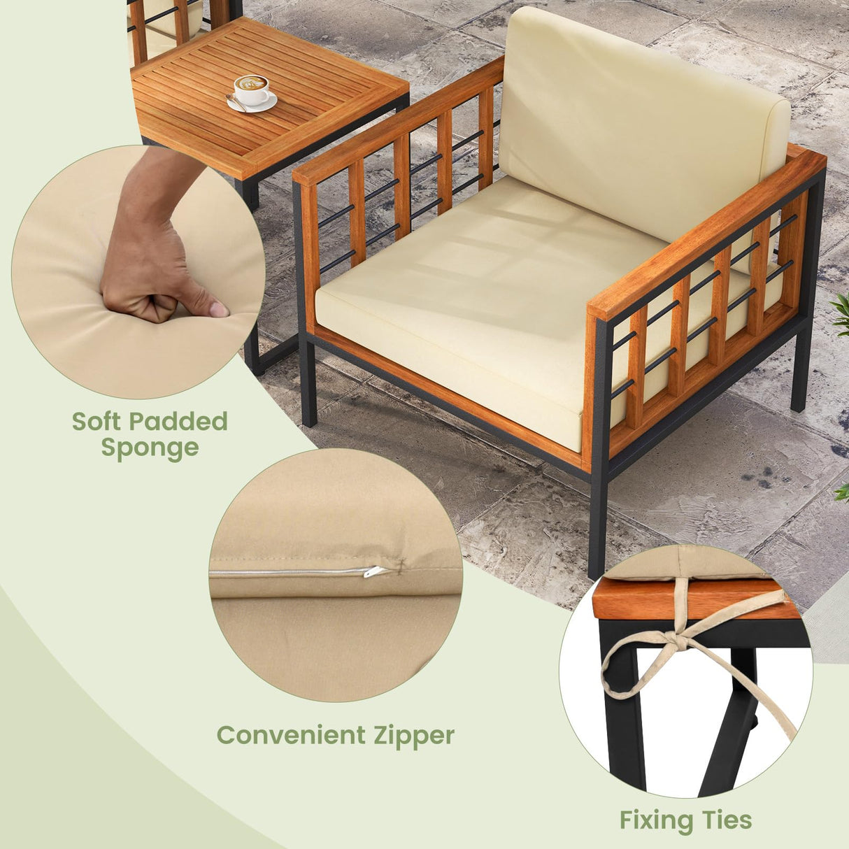 Tangkula 5 Pieces Acacia Wood Patio Furniture Set with Ottomans, Outdoor Conversation Set with Soft Cushions and Coffee Table for Poolside, Garden, Balcony and Backyard (Beige) Tangkula