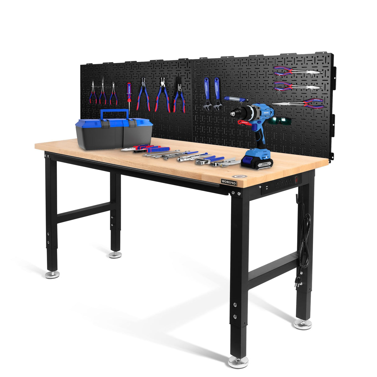 WORKPRO 60" Adjustable Workbench with 2 Pack Metal Pegboard, Rubber Wood Top Heavy-Duty Workstation, 2000 LBS Load Capacity Hardwood WORKPRO