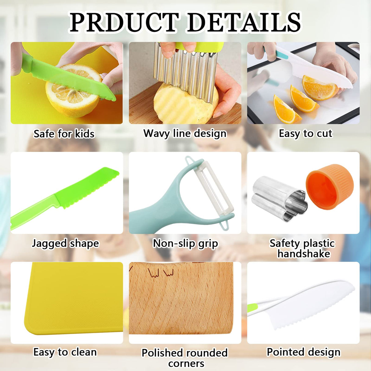 RISICULIS 11 Pieces Wooden Kids Kitchen Knife, Kids Knife Set Include Wood Kids Knife, Serrated Edges Plastic Toddler Knife, Crinkle Cutter, Sandwich Cutter, Y Peeler, Cutting Board RISICULIS