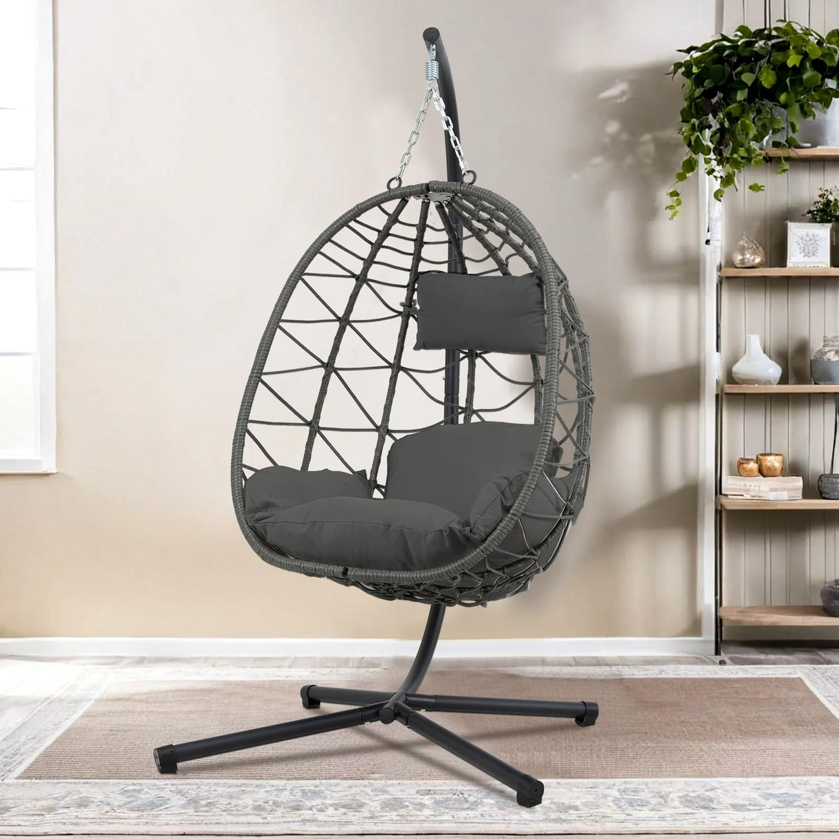 Hanging Egg Chair with Stand Egg Chair Indoor Outdoor, Patio Swing Hammock Egg Chairs, UV Resistant Removable & Washable Thicken Padded Cushions, 350LBS Capacity for Bedroom, Balcony, Garden Anranni