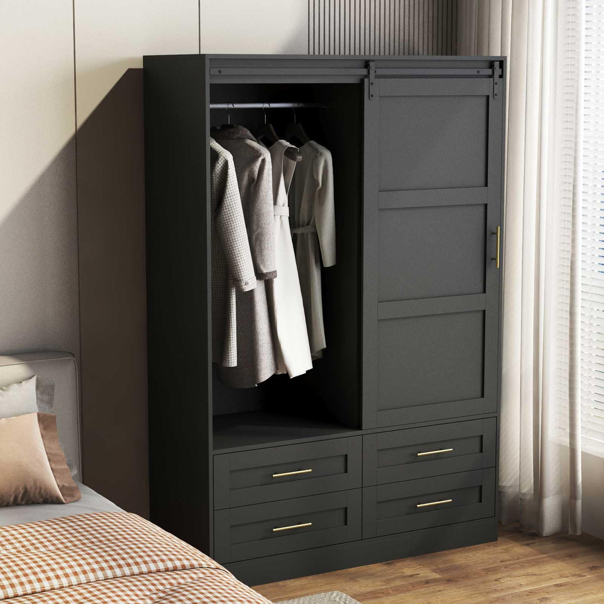 GOSROMS Armoire Wardrobe Closet with Sliding barn Door,Wardrobe Cabinet with 4 Storage Drawers and Hanging Rail,Freestanding Wooden Closet for Bedroom (Black) GOSROMS