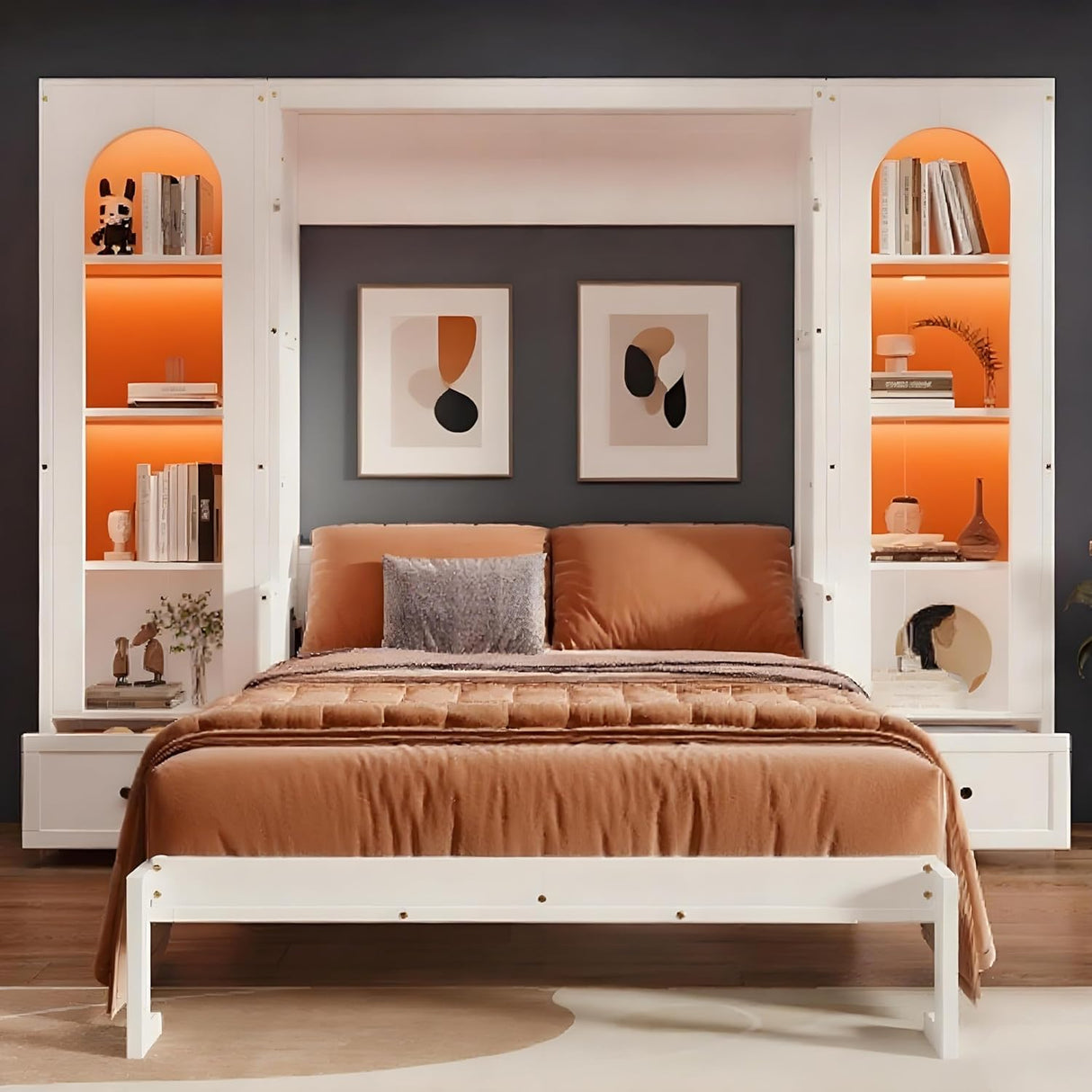 Queen Murphy Bed with Desk and Storage & LED Light, Solid Wood Hideaway Murphy Wall Bed with Storage Bookcase Shelves and Drawers for Adults (White,Queen) MERITLINE