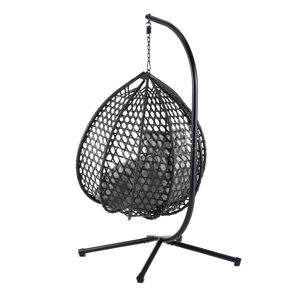 Hanging Egg Chair with Stand, Patio Rattan Wicker Patio Basket Hanging Chair, Garden Rattan Swing Hammock Chairs for Outside Balcony, Porch, Poolside, Indoor Outdoor, 330lbs Capacity, Black+ Grey FAROUCHE