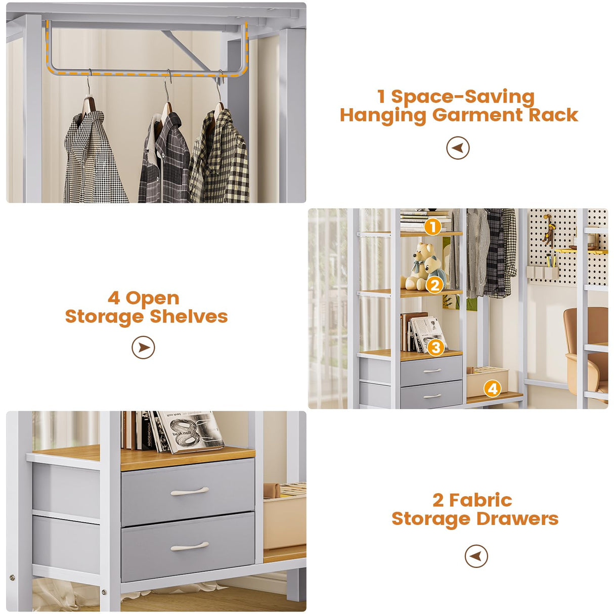 Hasuit Metal Loft Bed Twin Size with Desk and Charging Station White Twin Loft Bed with LED Lights, 4 Storage Shelves and 2 Fabric Drawers, Twin Size Loft Bed with Safety Guard, Clothes Rail & Ladder Hasuit