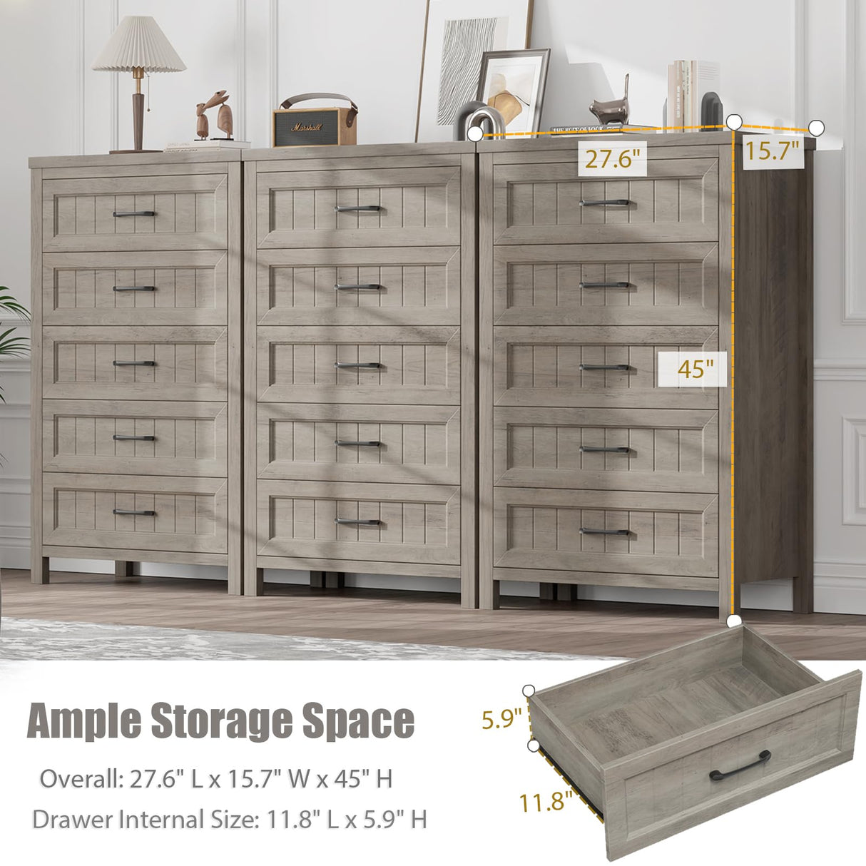 Jocoevol 5 Drawer Dresser for Bedroom, Farmhouse Dresser with Deep Drawers, Tall Grey Dresser Wooden Dresser Chest of Drawers for Living Room, Hallway, Entryway (Grey, 5 Drawer) Jocoevol