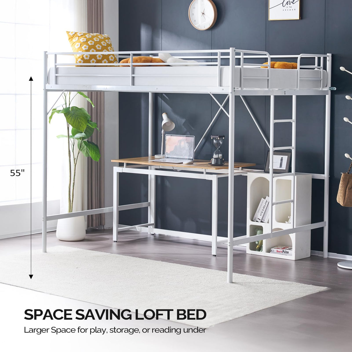 VINGLI Loft Bed Full Size with Flat Rungs for Adults, Kids and Young Teens, No Box Spring Required,Heavy Duty Metal Slat Support,White VINGLI