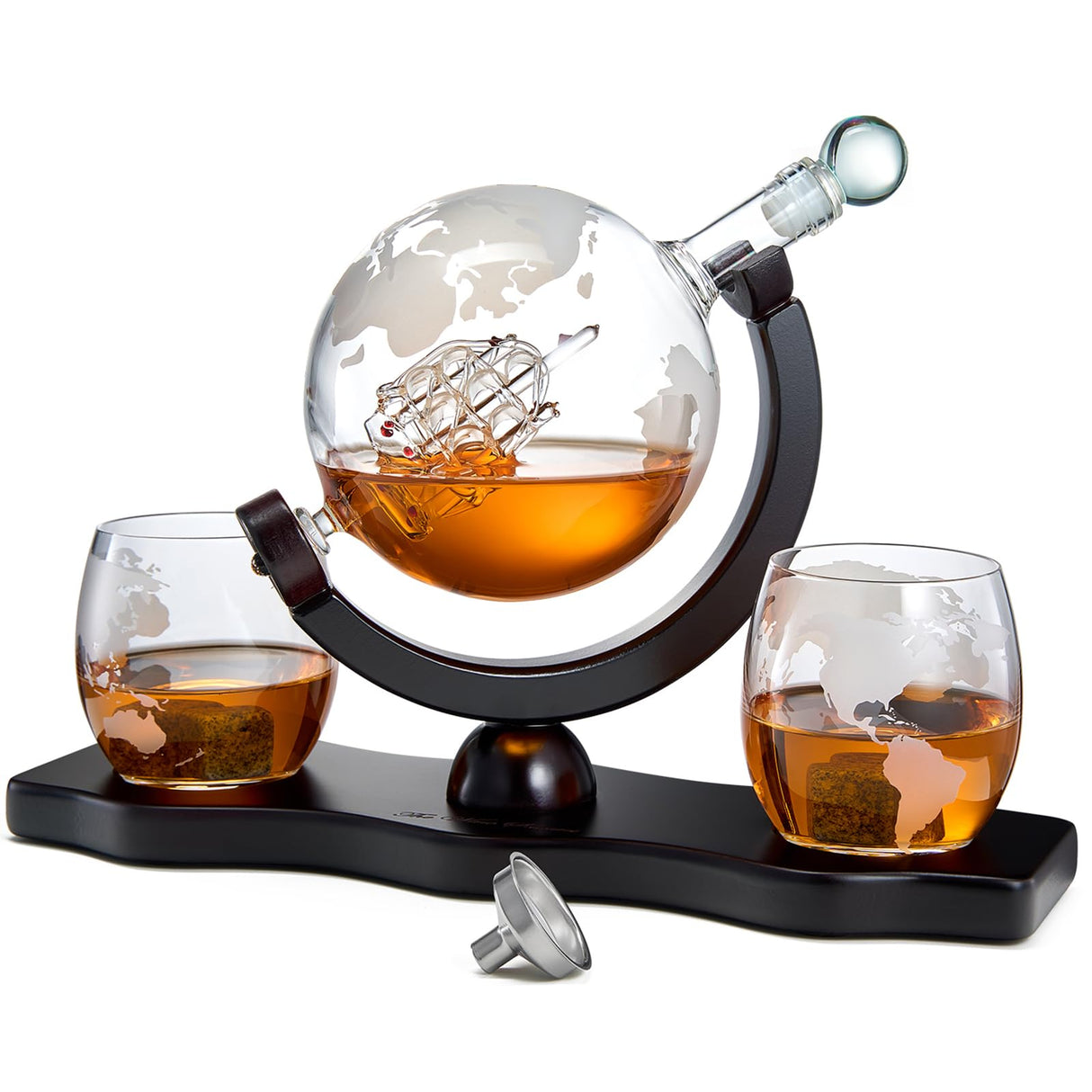 Whiskey Decanter Globe Set with 2 Etched Whiskey Glasses - Gifts for Men Dad, Anniversary Birthday House Warming for Liquor Scotch Bourbon Vodka Gift for Him Husband - 850ml Ship Decanters The Wine Savant