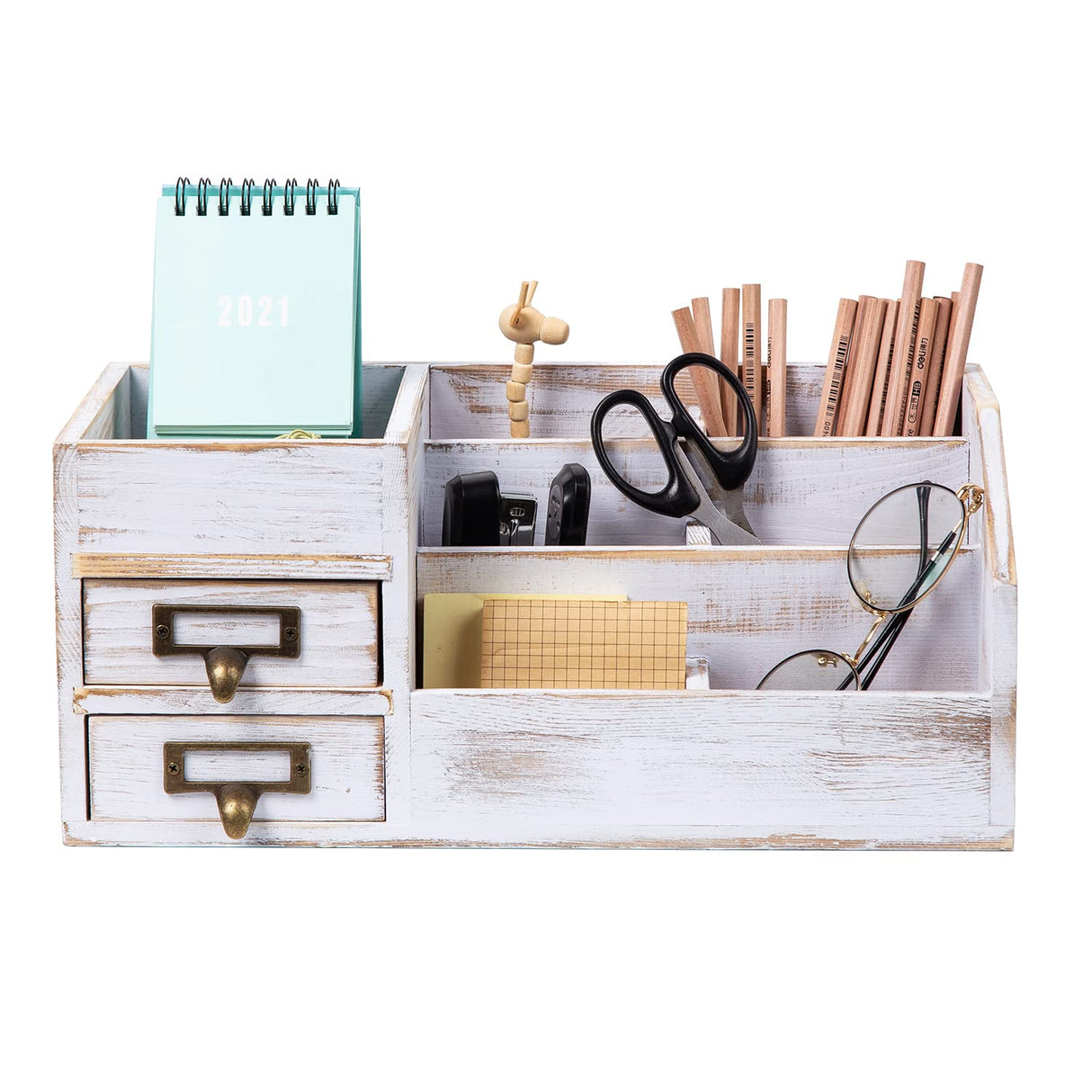 Distressed Rustic Wooden Office Desktop Organizer Shelf Tabletop Home Organizer Storage with Multiple Compartments 2 Tier Drawers perfect Jewelry storage Display Box for Desk Vanity (Washed white) VERGOODR