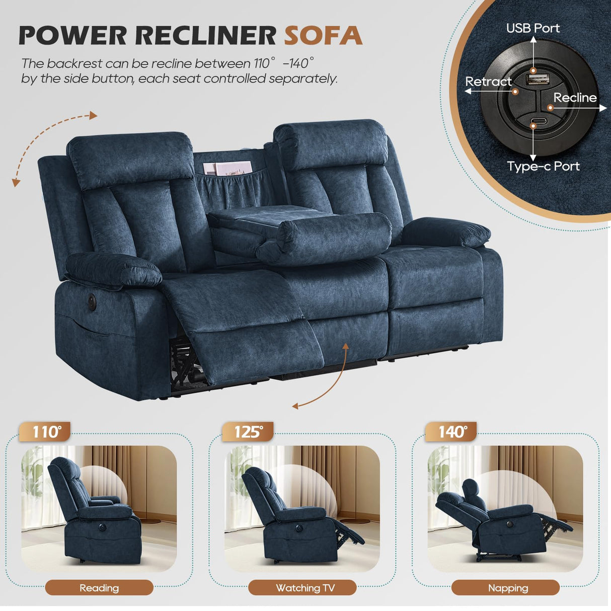 Consofa Power Reclining Sofa with Heat and Massage, Electric Reclining Couch with Drop Down Table,Cup Holders, Dual Ports, Wall Hugger Recliner Sofa for Living Room,Home Theater (Blue, Sofa) Consofa