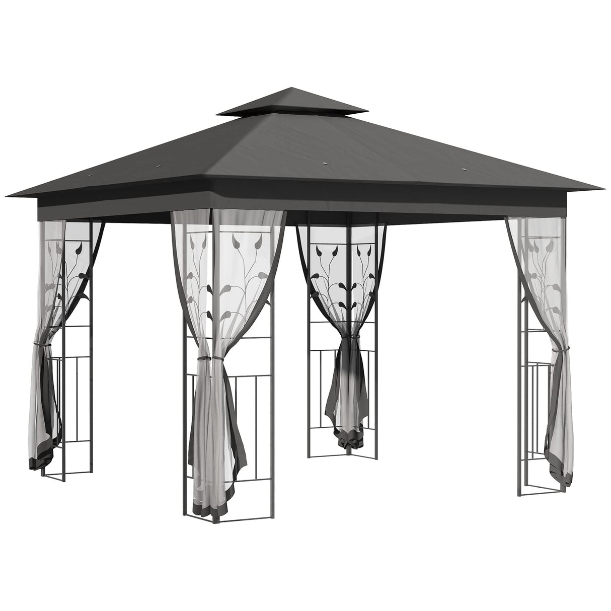 Outsunny 10' x 10' Metal Patio Gazebo, Double Roof Outdoor Gazebo Canopy Shelter with Tree Motifs Corner Frame and Netting, for Garden, Lawn, Backyard, and Deck, Gray Outsunny