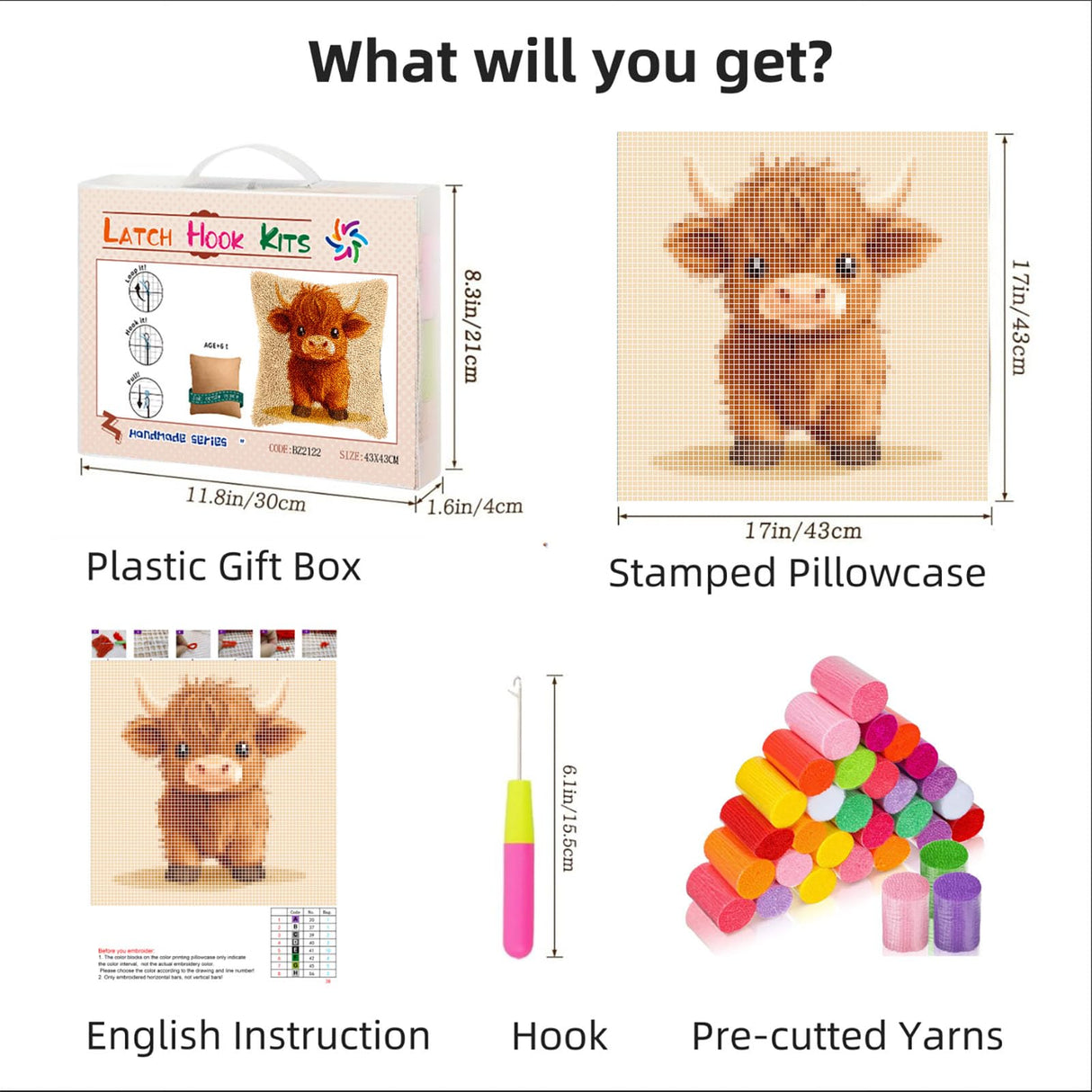 Latch Hook Pillow Kits for Adults Cute Baby Highland Cow DIY Pillow Cover Printed Pillowcase Crochet Hooking Yarns Handmade Cushion for Home Sofa Decoration 17x17inch(8) Generic