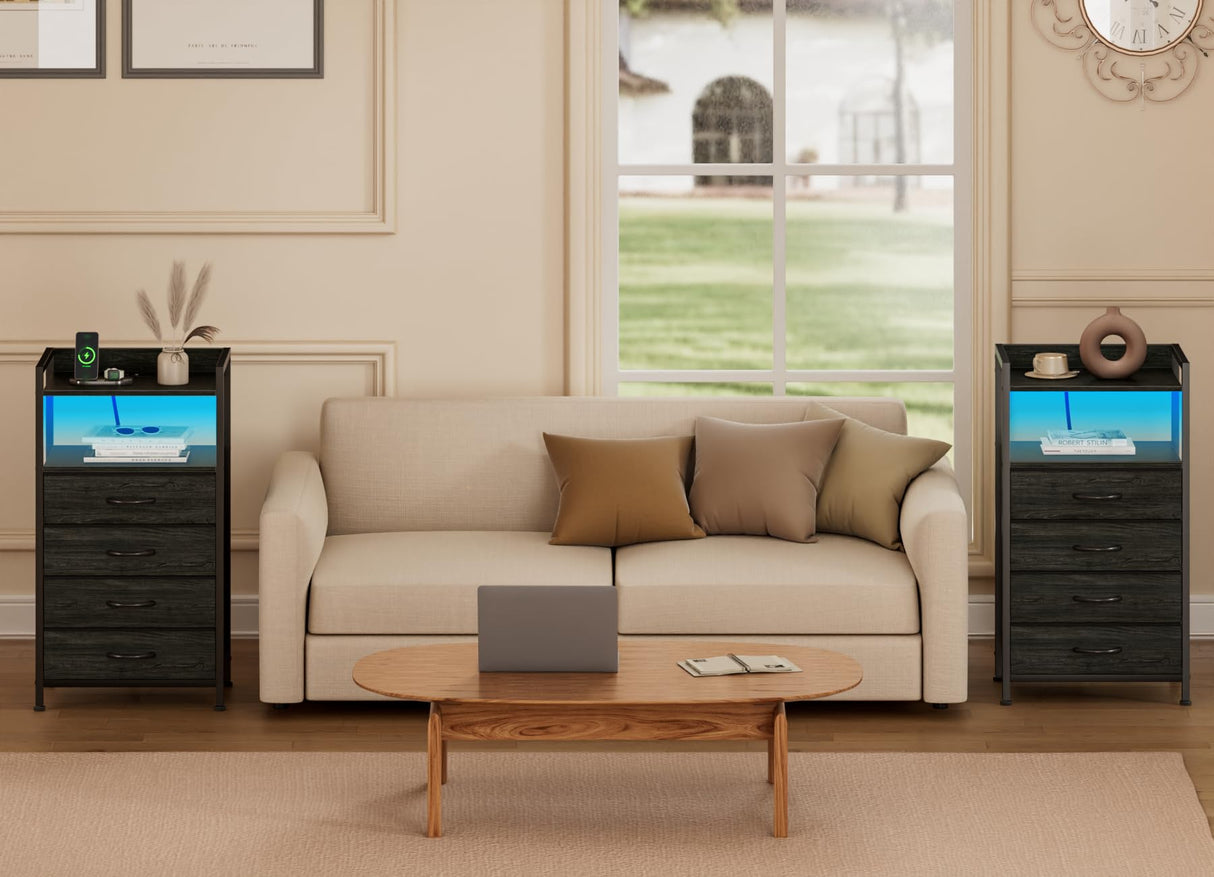 Furnulem Black Nightstand Set of 2, Small Dresser for Bedroom, Tall Night Stand with Charging Station and Led Light, Dresser Organizer Side Table Bedside Furniture, Wood Shelf, Fabric Drawer Furnulem