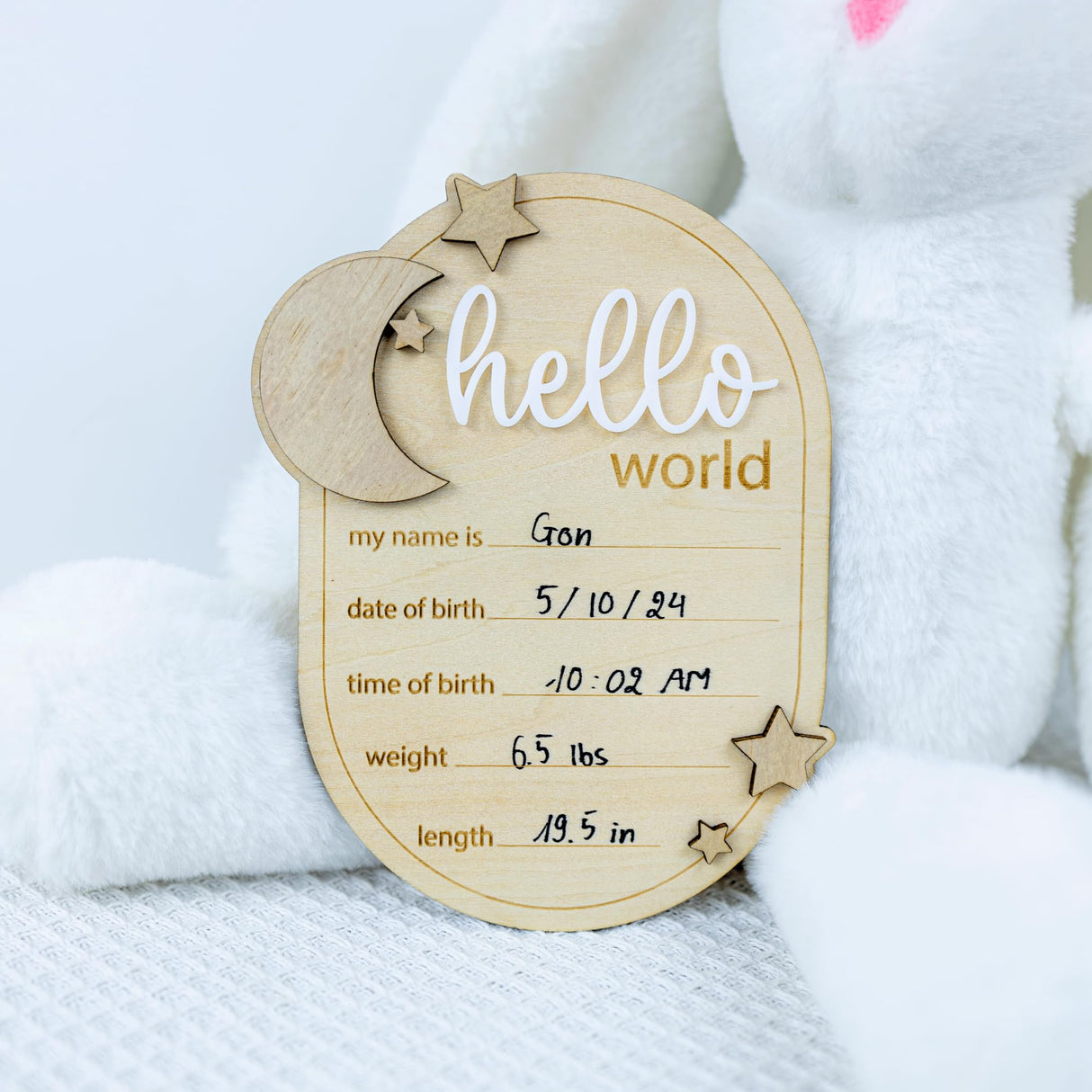 Baby Announcement Sign Star, 6.5 Inch Wooden Hello World Newborn Welcome Sign Birth Baby Name Plaques for Photo Props Baby Shower Hospital Nursery (A62) ONNIBE