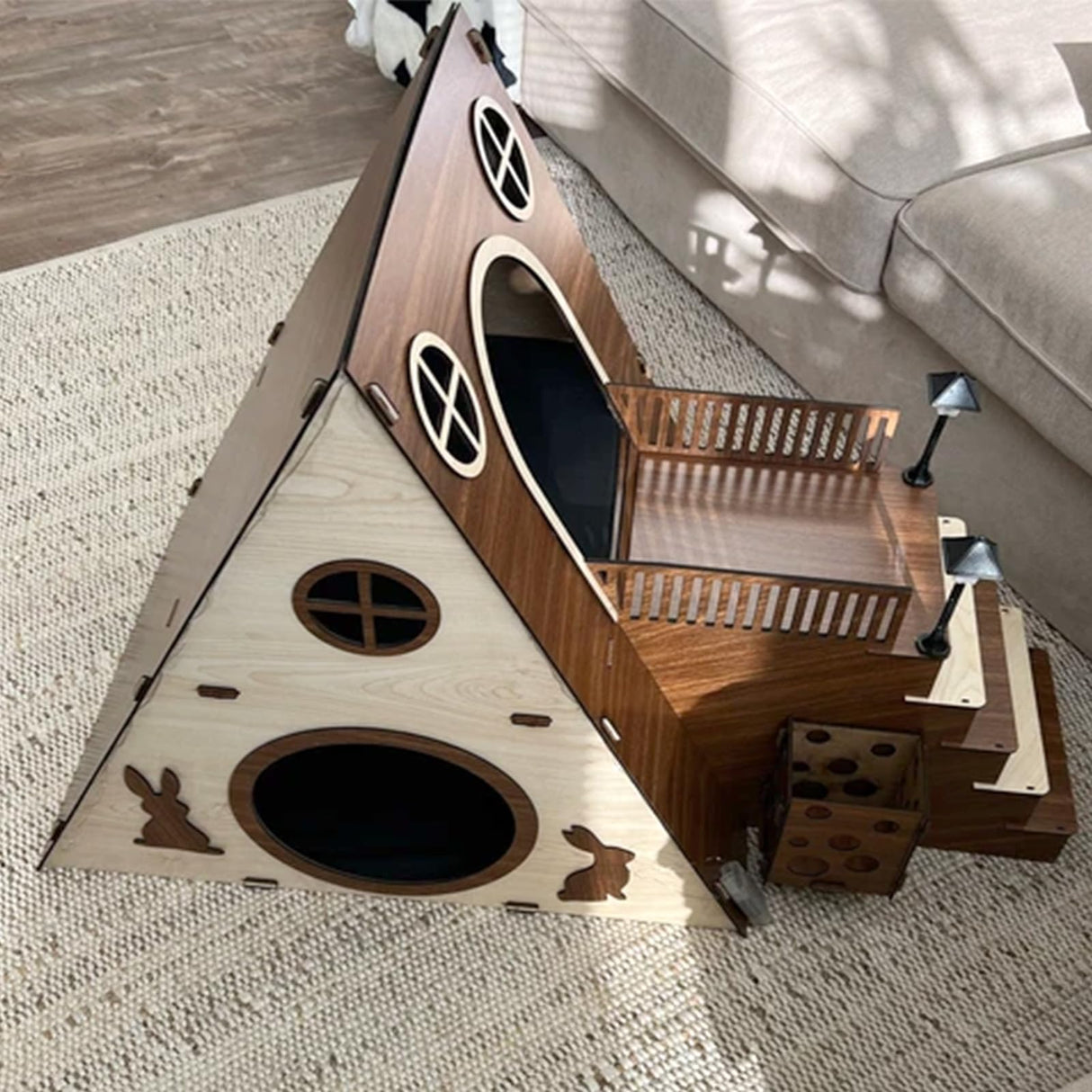 Tnstbiee Large Modern Wooden Rabbit Castle House Hutch - Bunny Hideout Indoor Habitats - Pet 2-Story Home Furniture(Excluding Street Lights) Tnstbiee