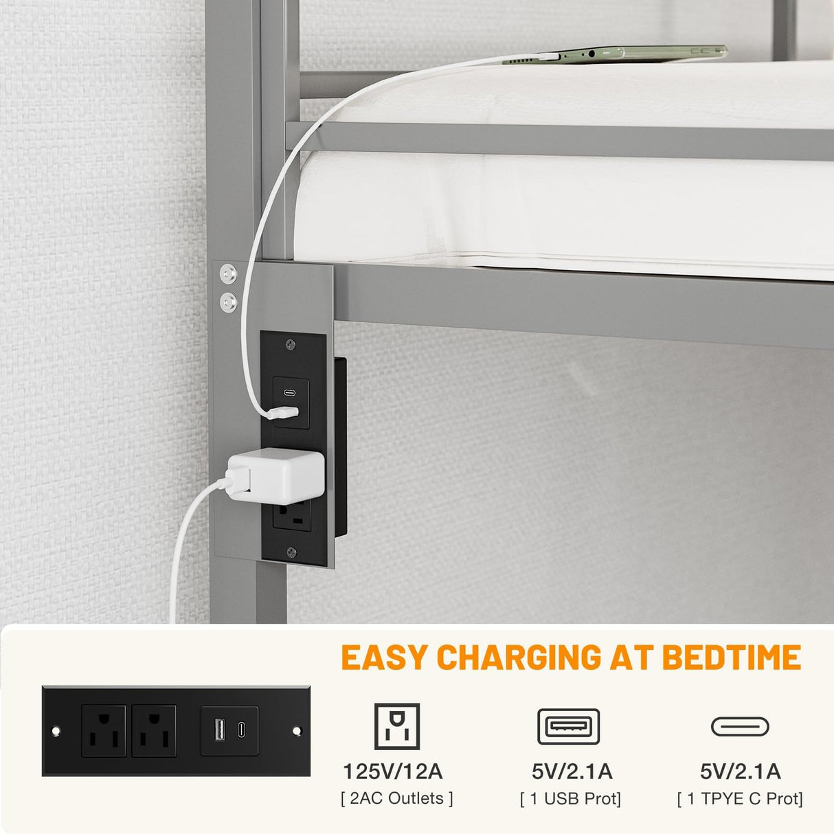 IKIFLY Full Over Full Bunk Beds with LED Lights and Charging Station, Heavy Duty Metal Full Size Bunk Bed Frame, Safety Guardrail & 2 Ladders, Space-Saving Design, No Box Spring Needed, Silver Grey IKIFLY