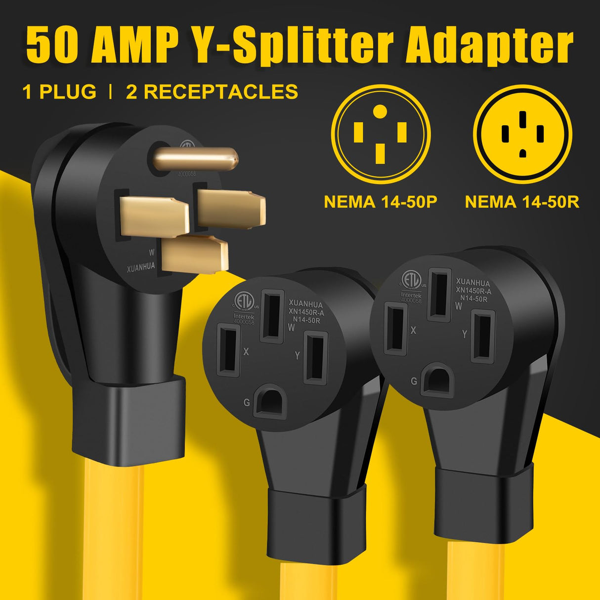 LAZMUMI 50 AMP Y Splitter Adapter Cord for RV and EV, 4 Prong 250V, NEMA 14-50P to 2X 14-50R,Heavy Duty 6/3+8/1 Gauge STW Wire,Outdoor Power Extension Cord for RV/EV/Tesla Model 3 X Y, 3 Feet LAZMUMI