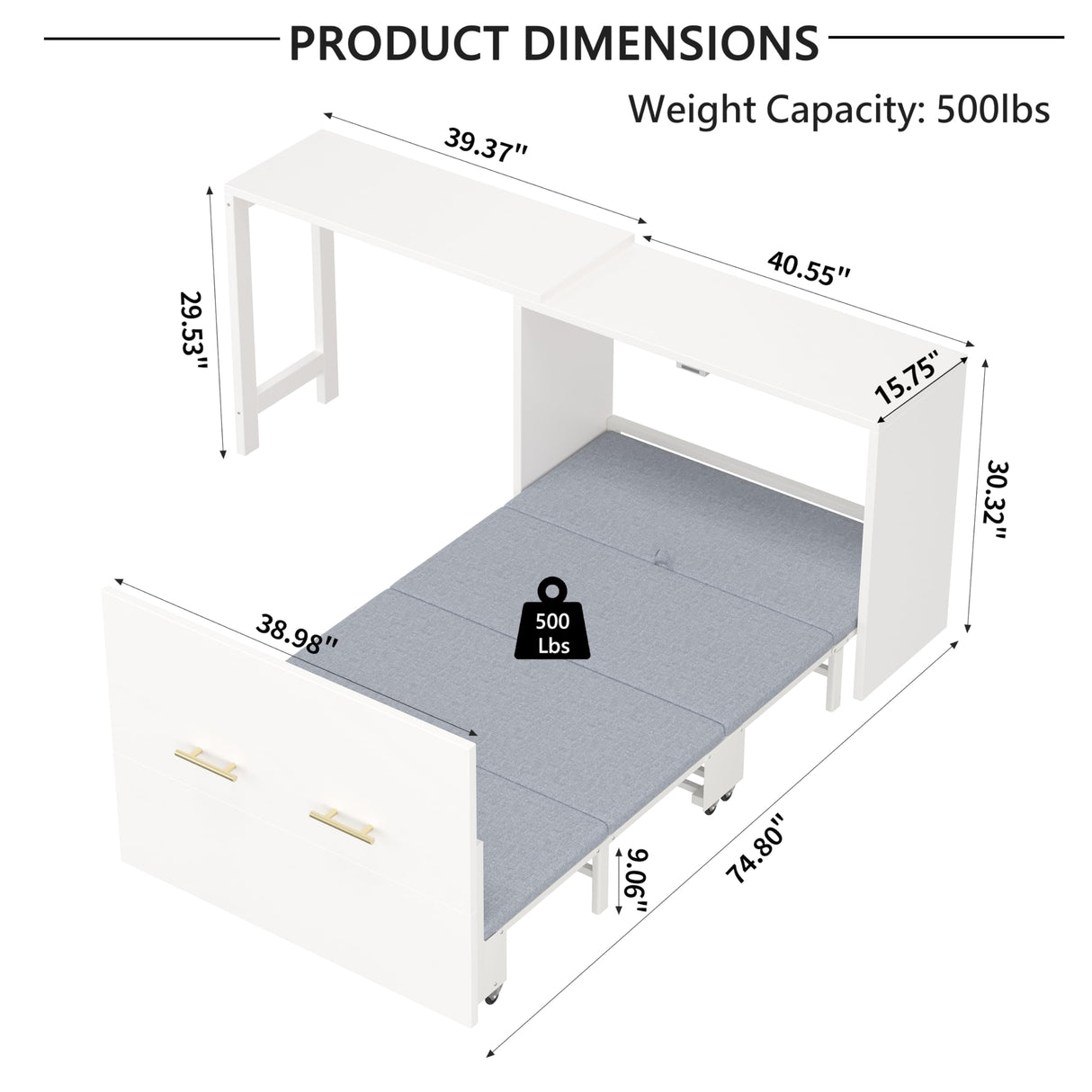 LUMISOL Twin Size Murphy Cabinet Bed with Desk, Wood Murphy Bed with Foldable Cushion for Guest Room, Small Space, White LUMISOL