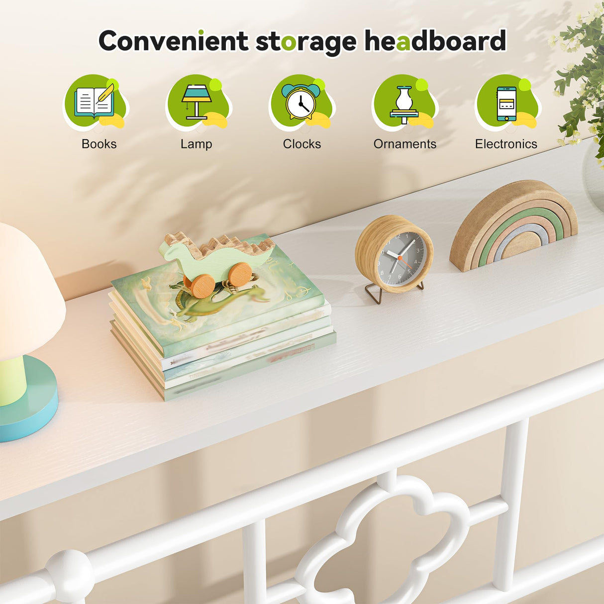 Homkdom Canopy Bed Frame with Storage Headboard, Twin Size Bed Frame with 4 Removable Posts, Sturdy Metal Platform with Under-Bed Storage, Dual Purpose Bed Frame, No Box Spring Needed, White Homkdom