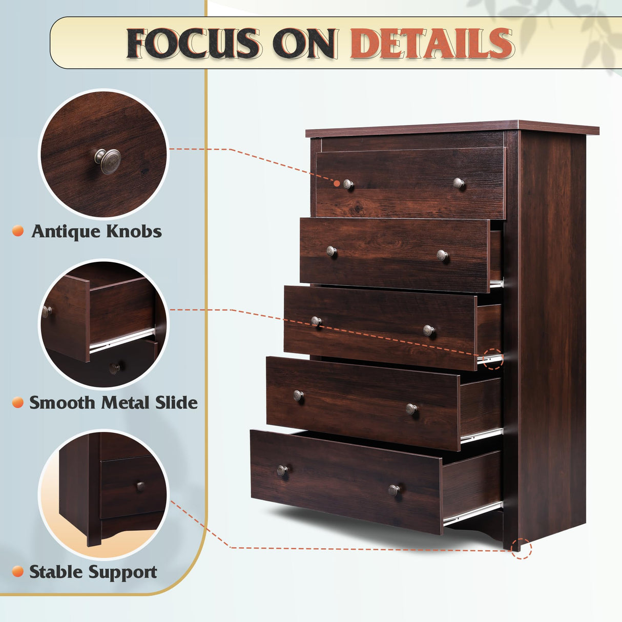 WLIVE Wood Dresser with 5 Drawer, Cabinets Dressers Wood Dresser Cabinet, Organizer Drawers for Bedroom, Living, Hallway, Measuring 15.7" W*31.4" D*45.3" H, Brown WLIVE