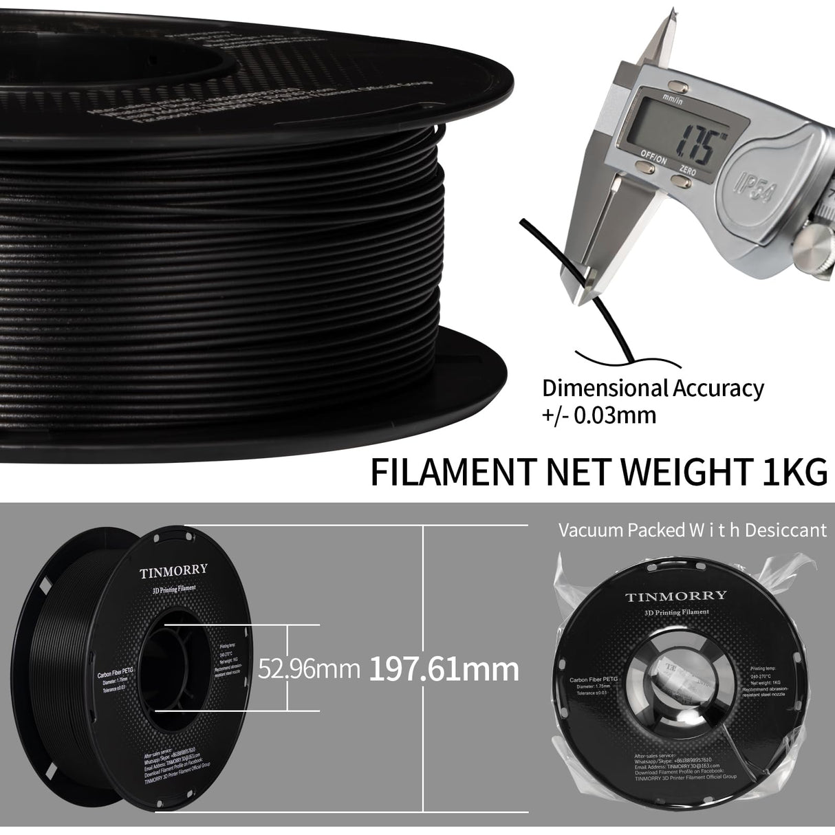 Carbon Fiber PETG Filament 1.75 mm, TINMORRY PETG CF 3D Printer Filament, Compatible with Bambu LAB, Creality K1C, QIDI MAX3, FLASHFORGE Adventurer 5M, Prusa MK4 FDM 3D Printer, 1 KG 1 Spool, Black TINMORRY