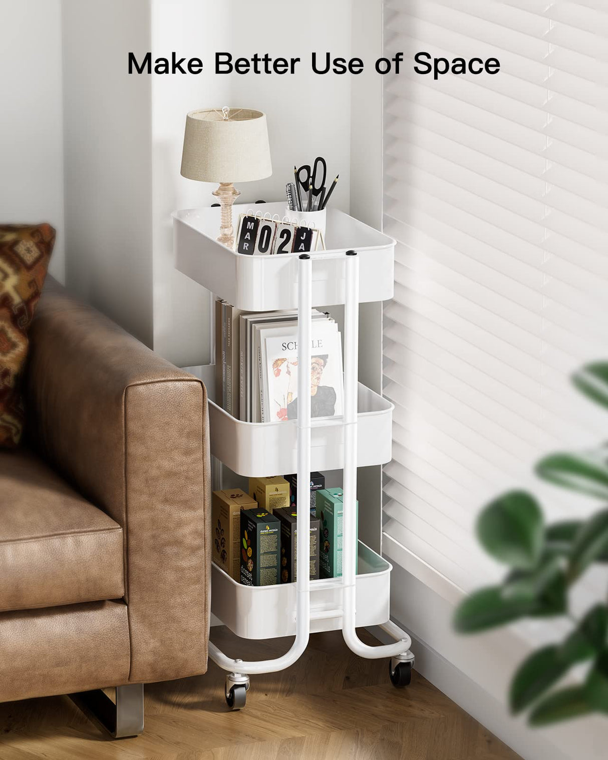 Pipishell 3 Tier Metal Rolling Utility Cart, Heavy-Duty Storage Rolling Cart with 2 Lockable Wheels, Multifunctional Mesh Organization Utility Cart for Kitchen Dining Room Living Room (White) Pipishell