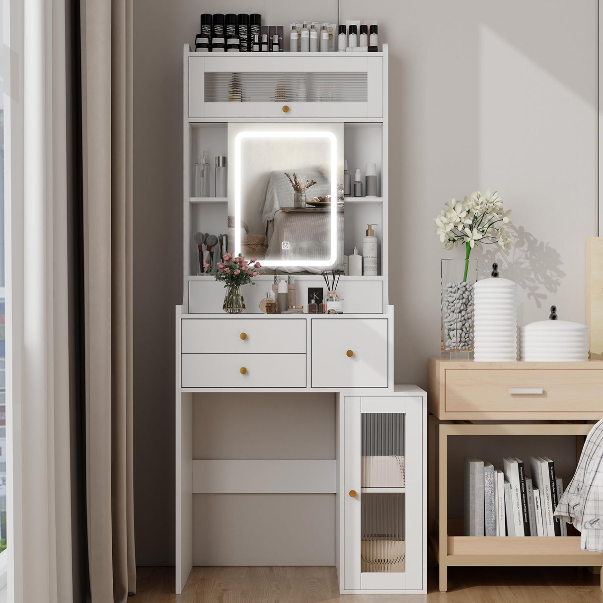 ARTETHYS Small Vanity Desk with Sliding Mirror and Lights White Makeup Vanities Set with Drawers Compact Dressing Table with Cabinet and Adjustable Shelves for Bedroom ARTETHYS