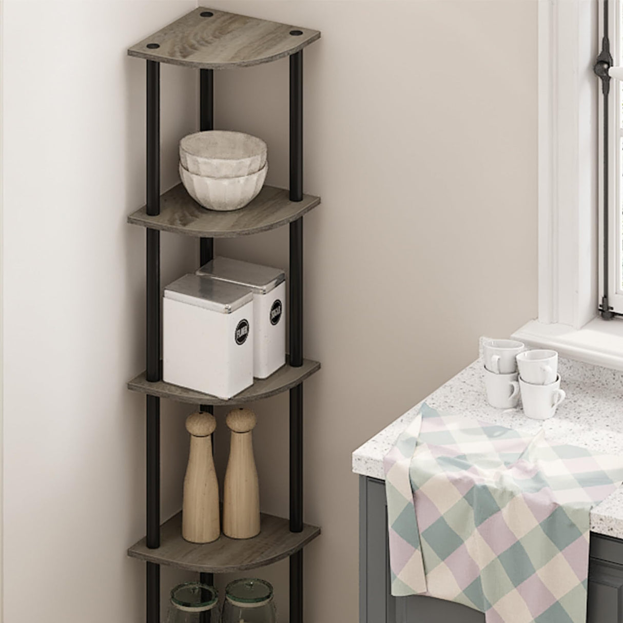 Furinno Turn-N-Tube 5 Tier Corner Display Rack Multipurpose Shelving Unit, 1-Pack, French Oak Grey/Black Furinno
