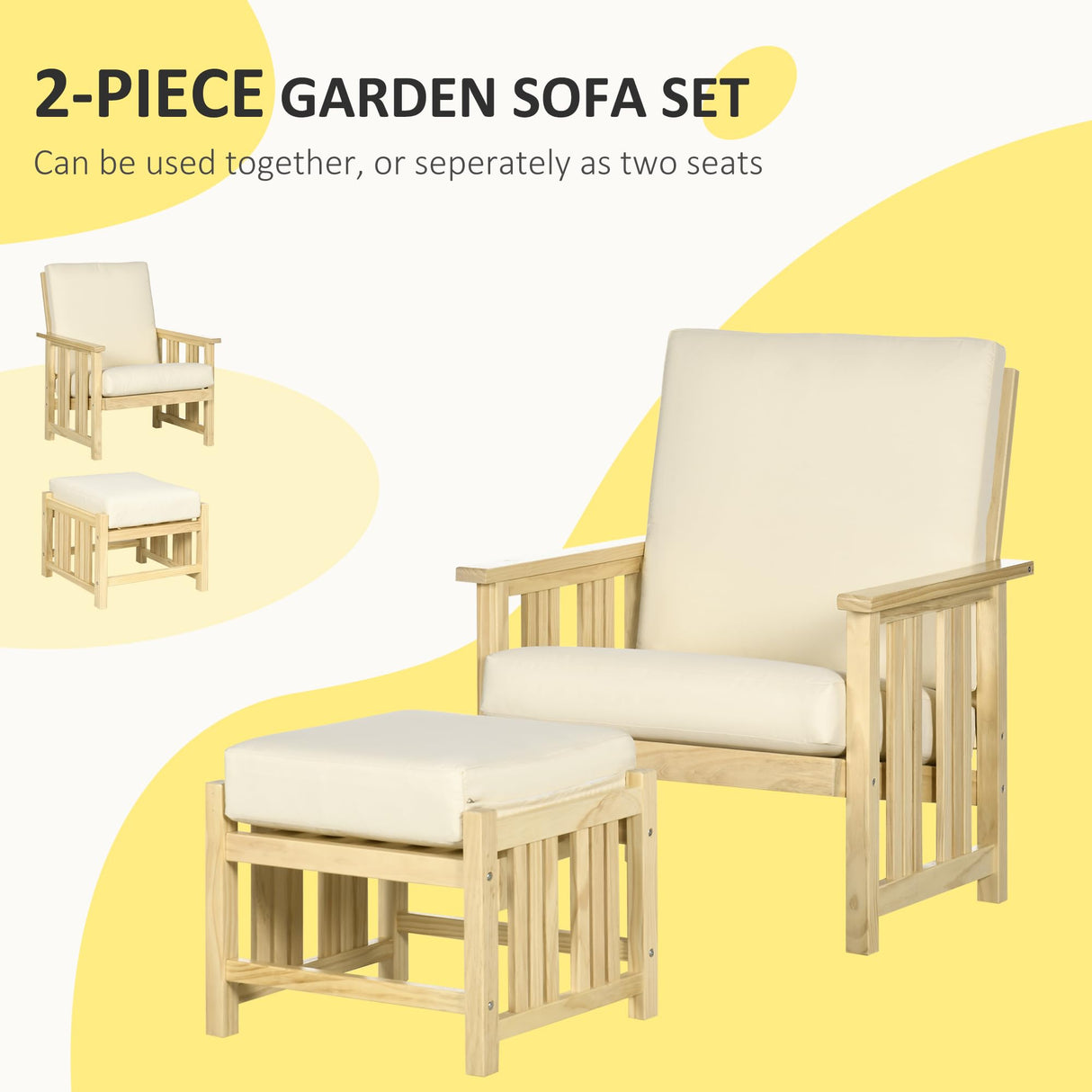 Outsunny 2-Piece Patio Furniture Set with 1 Armrest Single Chair and an Ottoman, Outdoor Wooden Chair with 4" Thick Padded Cushions for Backyard, Porch, and Poolside, Beige Outsunny