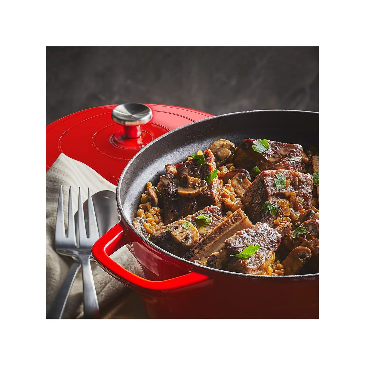 6-Quart 1500W Electric Dutch Oven with Recipe Book - Braise, Slow Cook, Sear, Warm, Red Enameled Cast Iron Instant
