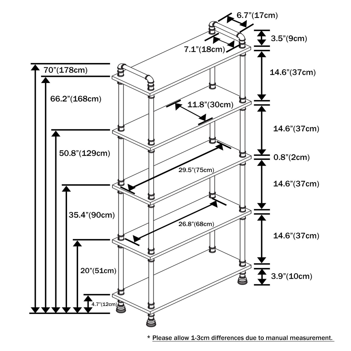 Anynice Industrial Bookshelves, Wood Pipe Bookshelf, 5 Shelf Rustic Display Storage Tall Standing Shelf Bookcase for Living Room, Kitchen, Office (Weathered Brown, 29.5" L x 11.8" W x 70" H) Anynice