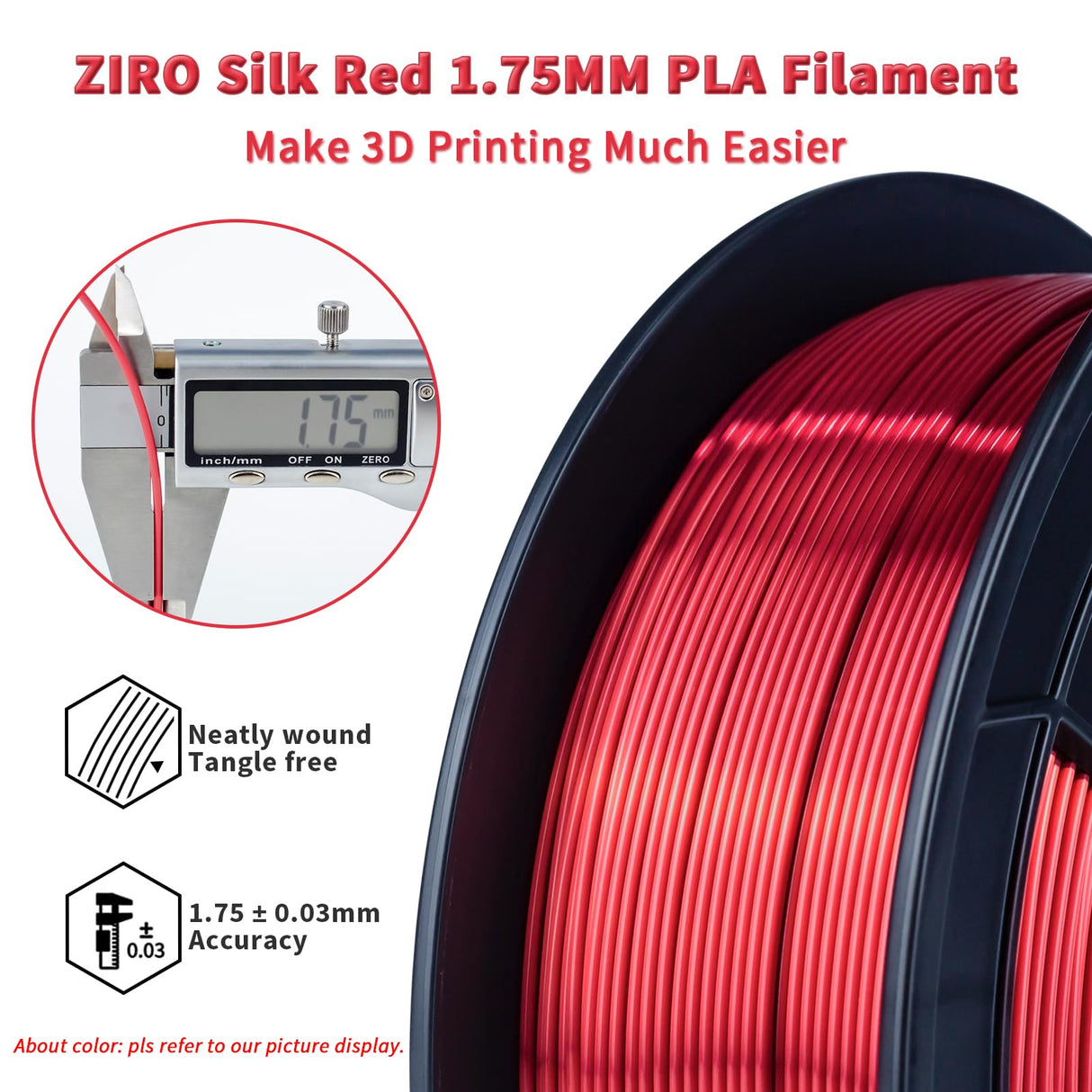 ZIRO PLA Filament 1.75mm, Shining Red 3D Printer Filament Silky, Silk 3D Printing Filament, Dimensional Accuracy +/- 0.03mm, Fit Most 3D FDM Printers Metal Metallic 1KG/2.2lb Spool ZIRO