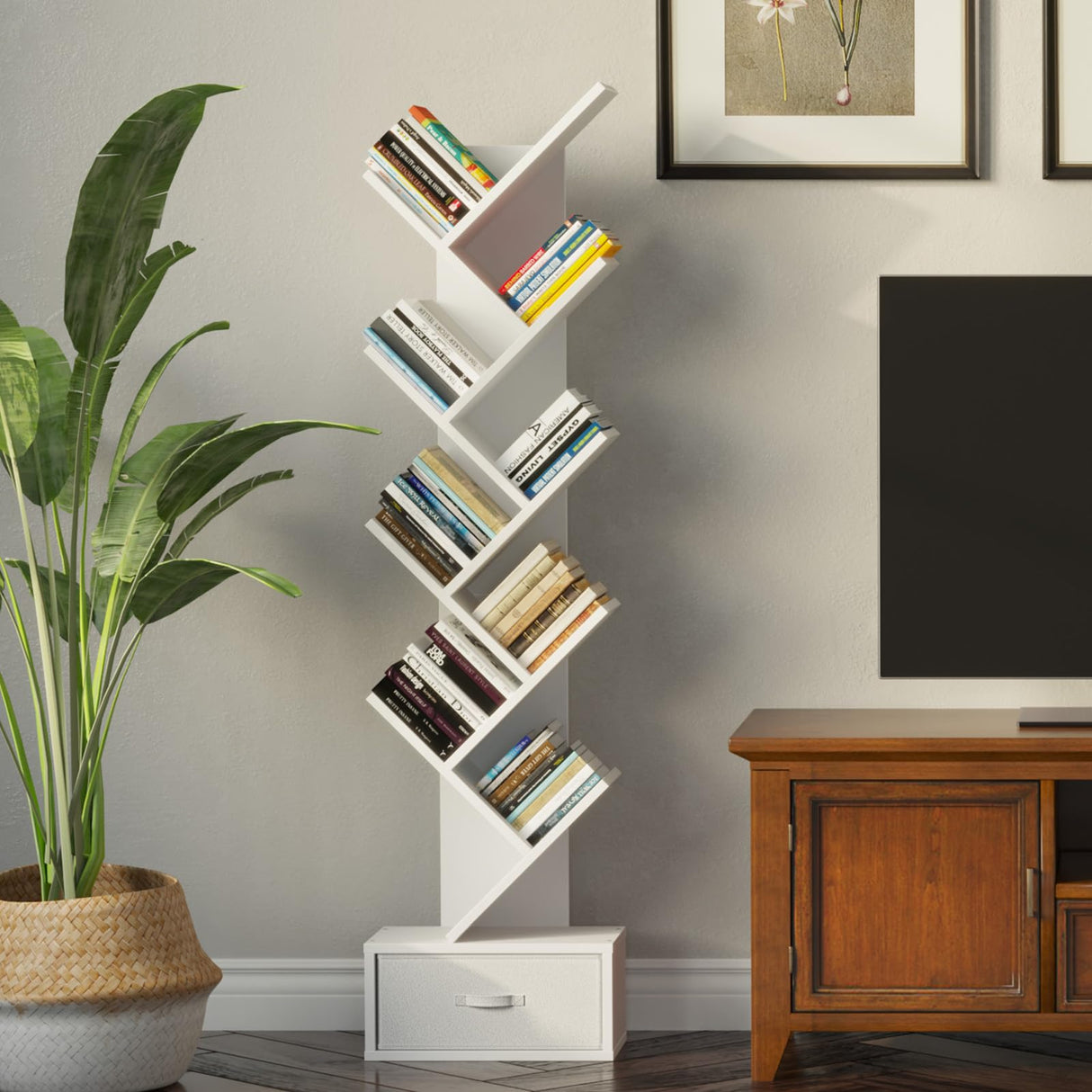 Rolanstar Tree Bookshelf with Drawer, 9 Shelf Bookshelf, Wooden Bookcase Storage Rack for CDs/Movies/Books, Corner Bookshelves, Utility Organizer Shelves for Living Room, Bedroom, White Rolanstar