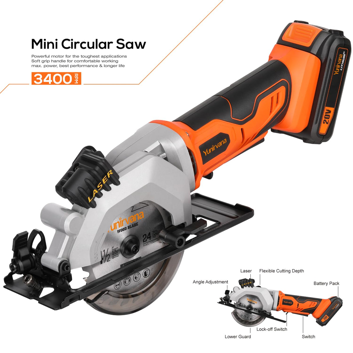 Yunirvana Mini Circular Saw, 20V 3400RPM Professional Cordless Circular Saw, Adjustable Angle and Depth,Max Cutting Depth 1-2/3"(90°), 1-1/8"(45°), Laser Guide, Rip Guide Yunirvana