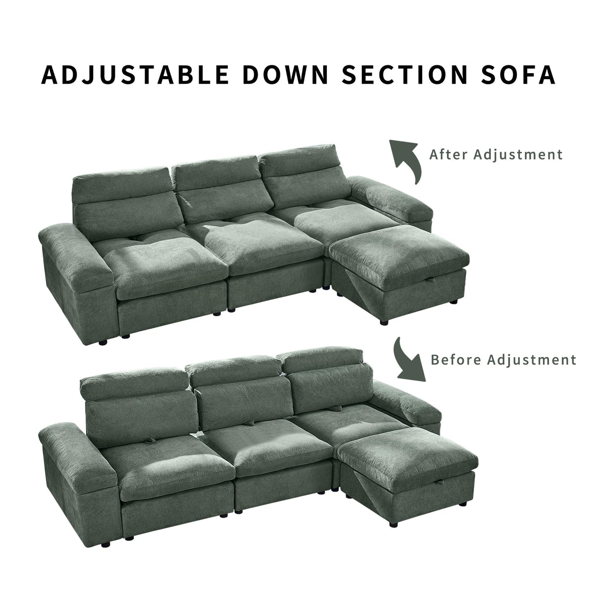 Sectional Modular Down Filled Sofa, Comfty Feather L Shape Cloud Couch for Living Room,114" Simple Couch,Adjustable Backrest,3Seat with Storage Ottoman for Office,Apartment (Green-3 Seat+Ottoman) Pistachio