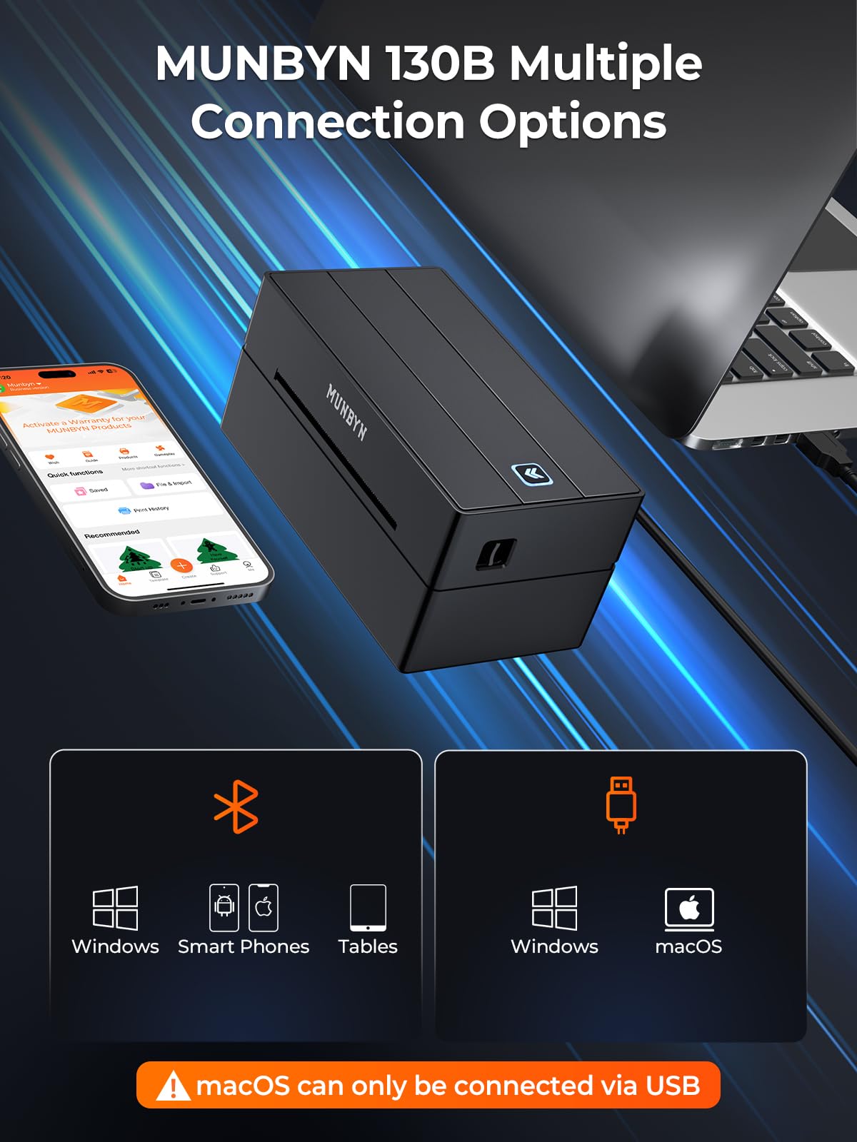 MUNBYN Bluetooth Thermal Label Printer, 130B Wireless 4x6 Shipping Label Printer for Shipping Packages Small Business Office or Home, Compatible with iPhone Android iPad Windows macOS Chrome Etsy eBay MUNBYN