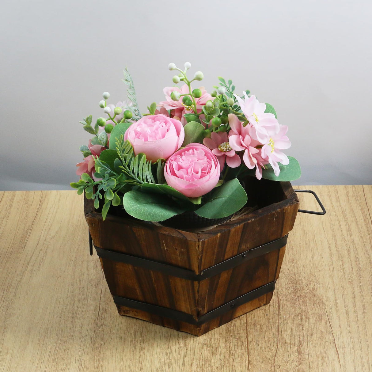 MY MIRONEY Wooden Barrel Planter Vintage Style Wood Bucket Rustic Garden Flower Plant Pots Container with Metal Handles, Hexagonal, 8.27" x 4.72" MY MIRONEY