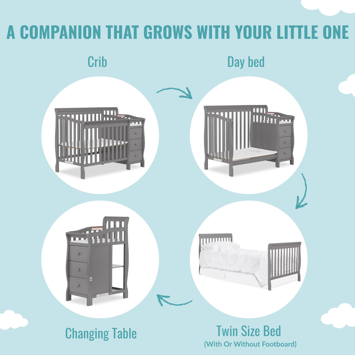 Dream On Me Jayden 4-in-1 Mini Convertible Crib And Changer in Storm Grey, Greenguard Gold Certified, Non-Toxic Finish, New Zealand Pinewood, 1" Mattress Pad Dream On Me