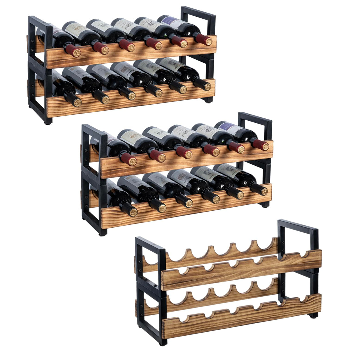 MyGift 6-Tier Freestanding Wine Bottle Rack with Burnt Solid Wood Shelf and Industrial Matte Black Metal Frame, Large Horizontal Wine Bar Storage Stand for 36 Bottles MyGift