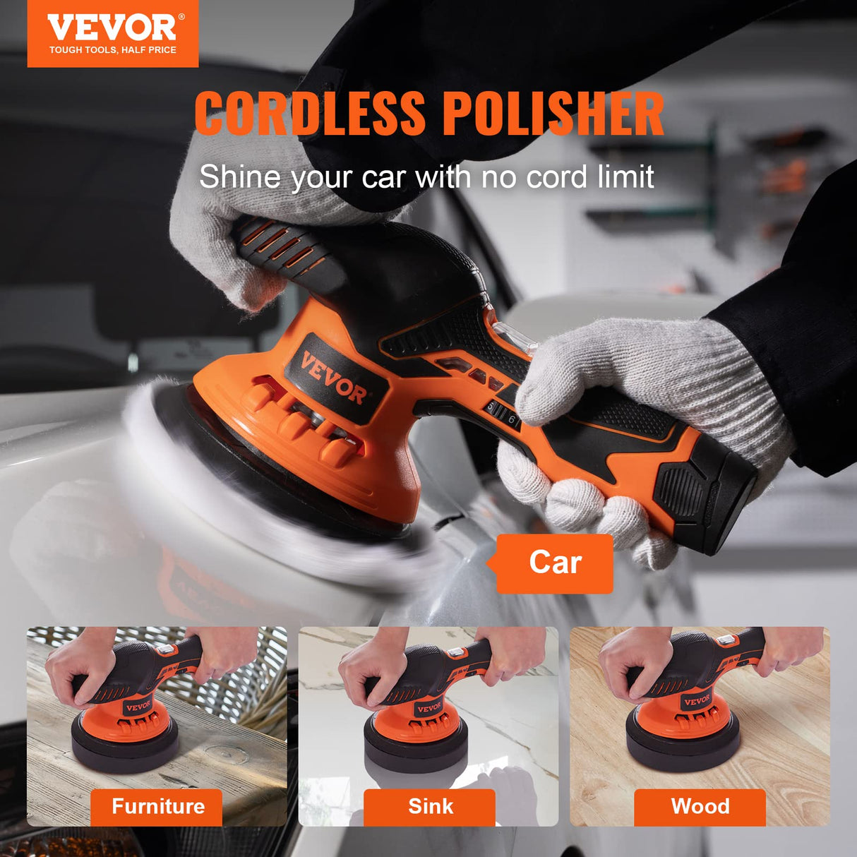 VEVOR Cordless Buffer Polisher, 6-Inch Random Orbital Polisher for Cars, 6 Variable Speed 5200RPM, with 1PC 12V Rechargeable Battery, Wireless Polisher Kit for Car Detailing/Polishing/Waxing VEVOR
