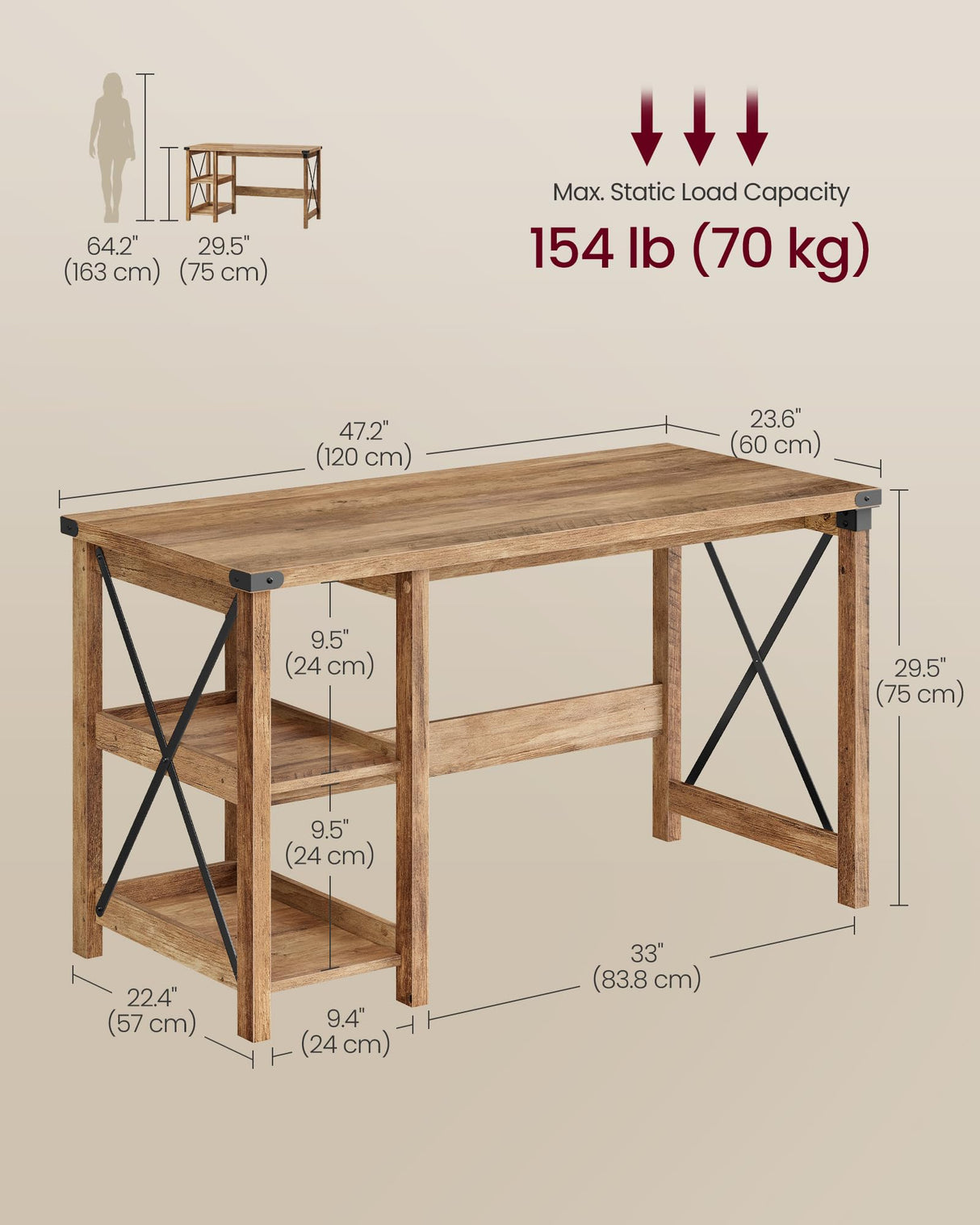 VASAGLE Computer Desk, Home Office Desk with Storage Shelves on Right or Left, Farmhouse, for Work Study Gaming Writing, 23.6 x 47.2 x 29.5 Inches, Honey Brown ULWDAM090T41 VASAGLE