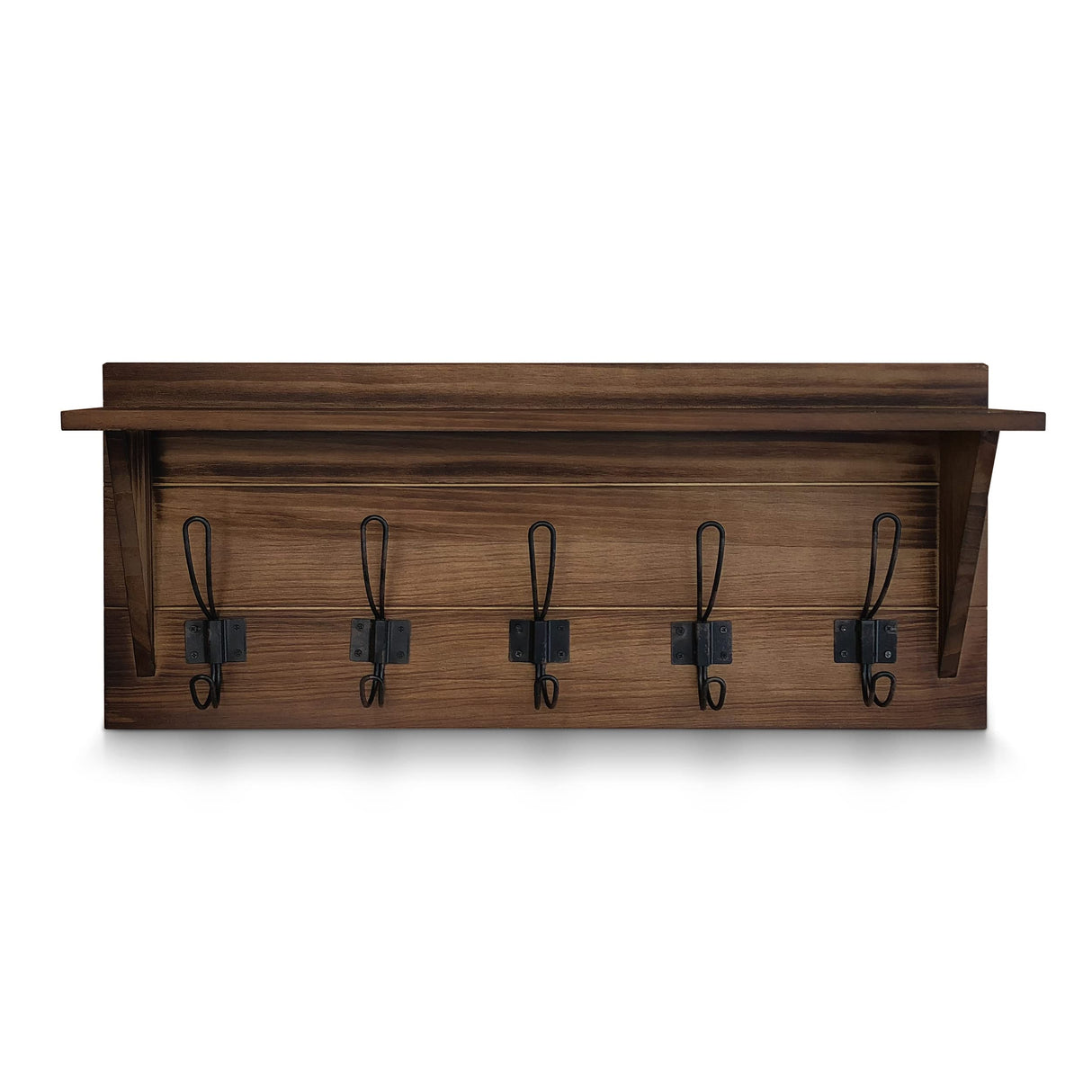 HBCY Creations Rustic Brown Solid Wood Wall Mounted Coat Rack with Shelf, 5 Hooks, 24" Long - Kitchen, Mudroom, Entryway, Bathroom - Includes Mounting Hardware, Coat Hanger, Dog Leash Hooks HBCY Creations