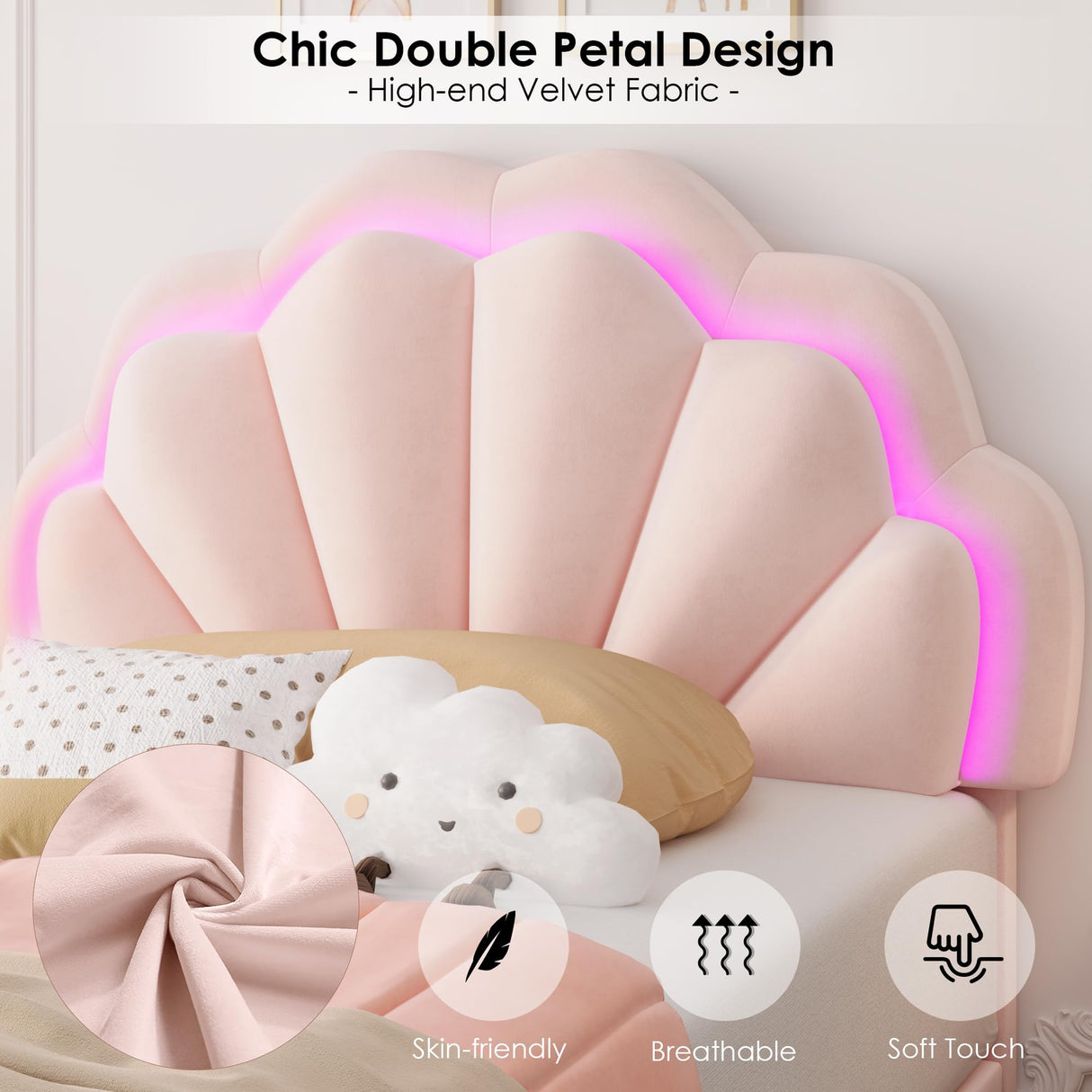 HIFIT Twin Upholstered Smart LED Bed Frame with Storage Drawer and Adjustable Chic Double Petal Headboard, Princess Platform Bed for Girls/Kids, Solid Wood Slats Support, No Box Spring Needed, Pink HIFIT